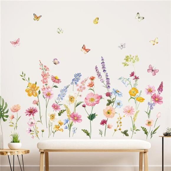 Flower Wall Decals Daisy Butterflies Wildflower Stickers Girls Bedroom Home Deco - Picture 1 of 7